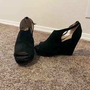 Black faux suede wedges